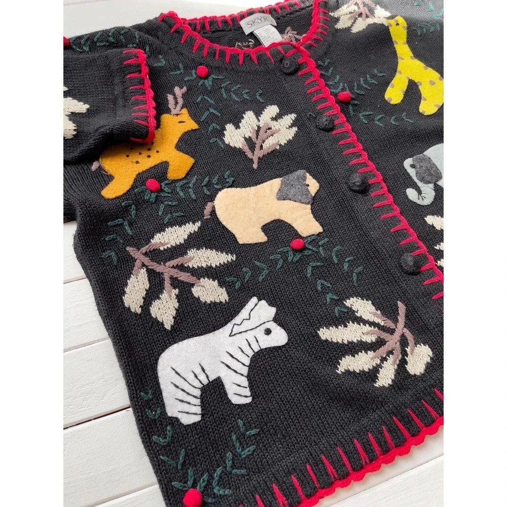 vtg SKYR black‎ embroidered felt animal patchwork cardigan sweater L
